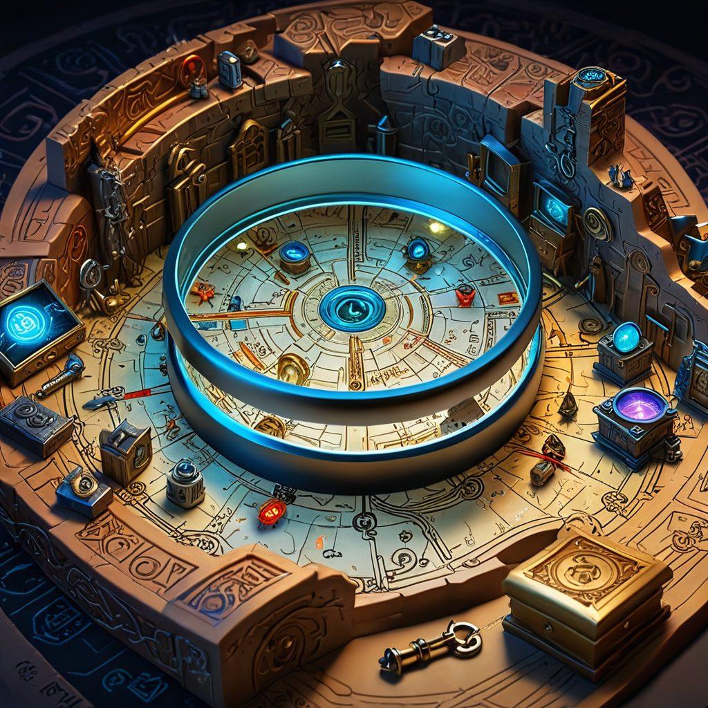 A digital treasure map with various online security tools illustrated as treasure chests, featuring a magnifying glass, a lock, a shield, and a computer screen displaying a private browsing session. The background should depict a labyrinth of interconnected networks symbolizing the web, illuminated by vibrant colors to highlight key features. This scene should convey a sense of adventure and discovery in digital safety. super-realistic. vibrant colors. 3D.