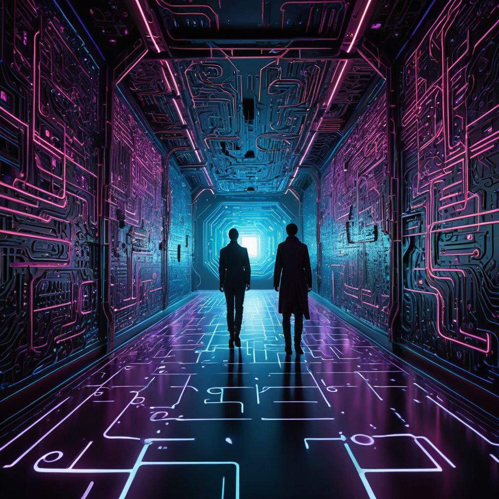 A digital landscape depicting a maze constructed from binary code and circuit boards, where a figure is carefully navigating towards a glowing shield symbolizing security and privacy. Add elements of icons representing VPNs and encryption swirling around, with shadows of censorship barriers in the distance. This scene should be vibrant and engaging, highlighting the complexity of digital navigation. cyberpunk. vibrant colors. 3D.